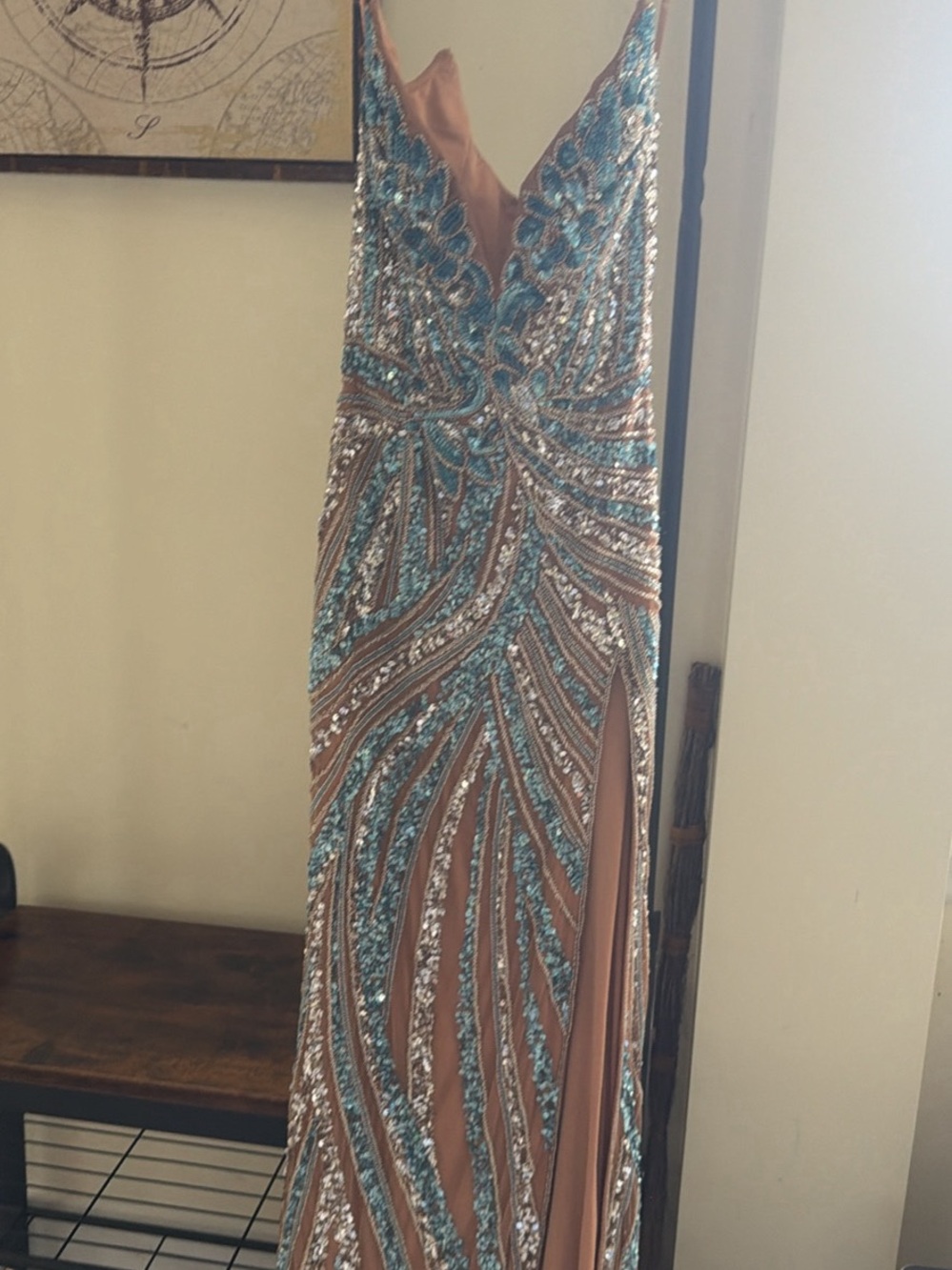 Elegant Nude Prom Gown with Turquoise & Silver Sequin Detailing